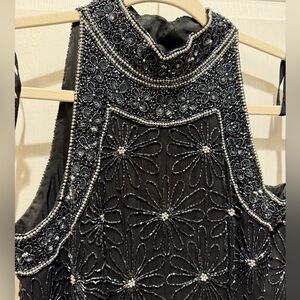 Vintage Adrianna Papell Navy Blue Beaded Silk Evening Gown, Size 4